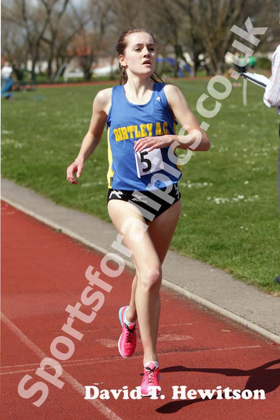 Lydia Turner (Birtley) beaking 10 minutes in the 3000 metres at the North of England, Div. 4E, Whitley Bay.